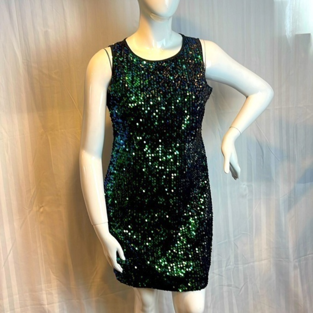 Meaneor Sleeveless Green & black‎ Sequin Shift mini Dress Size XL